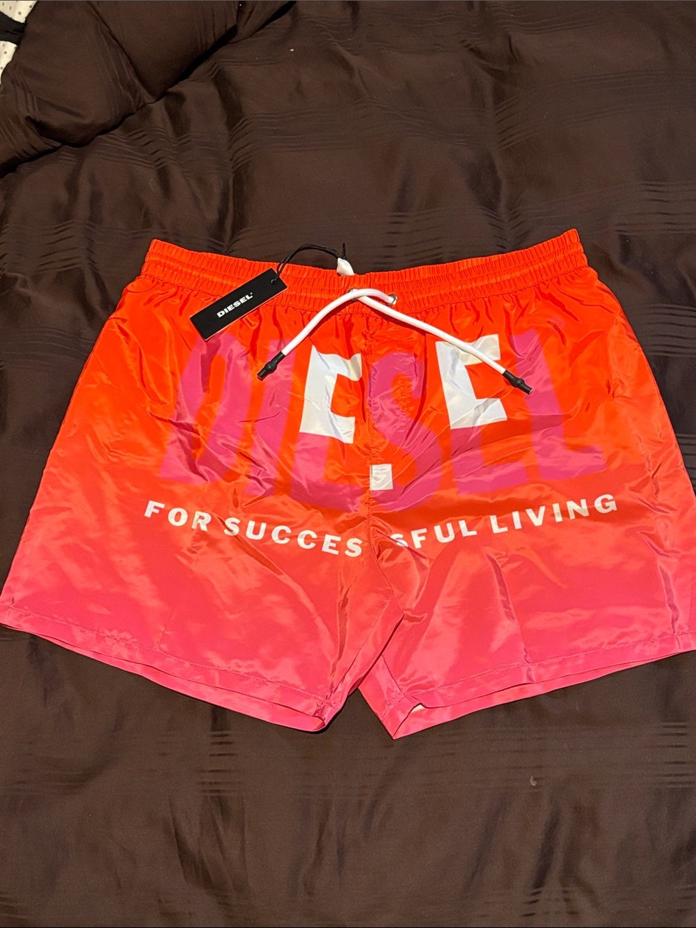 Diesel Red to Pink Ombre Swim Shorts with White Drawstring